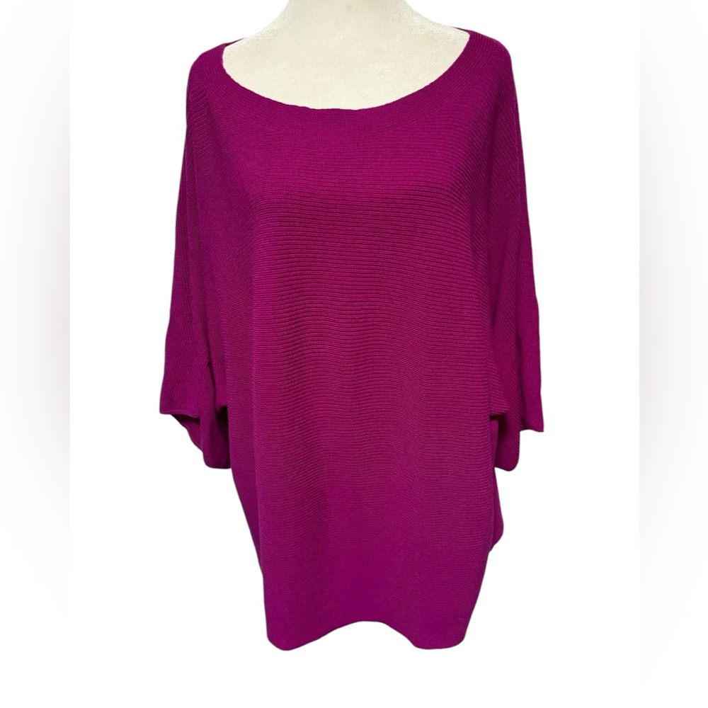 Eileen Fisher 3/4-Sleeve Ribbed Merino Wool Sweater in Magenta. Size L. EUC